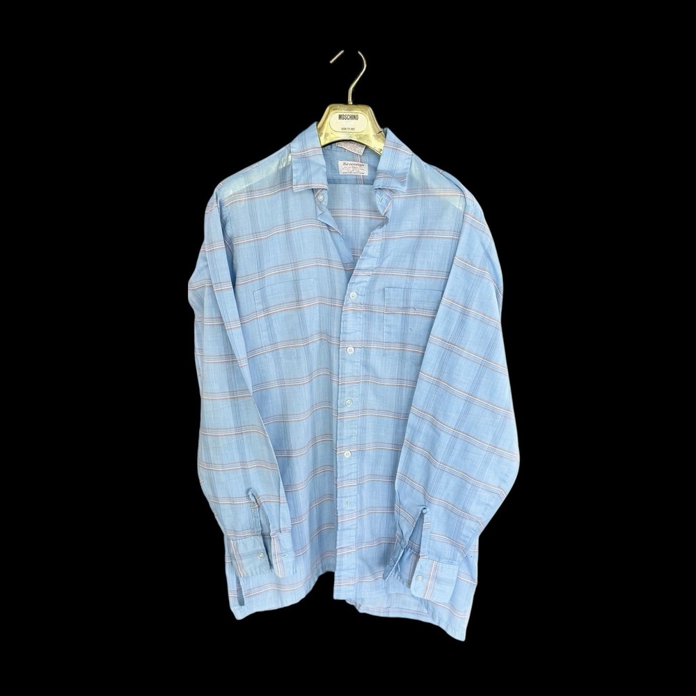 Vintage 60's Sovereign Perm Press Button Up Shirt Blue Plaid Large Tall Distress
